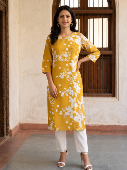 MUSTARD YELLOW KURTA WITH WHITE FLORAL  AND GOLD FOIL PRINT