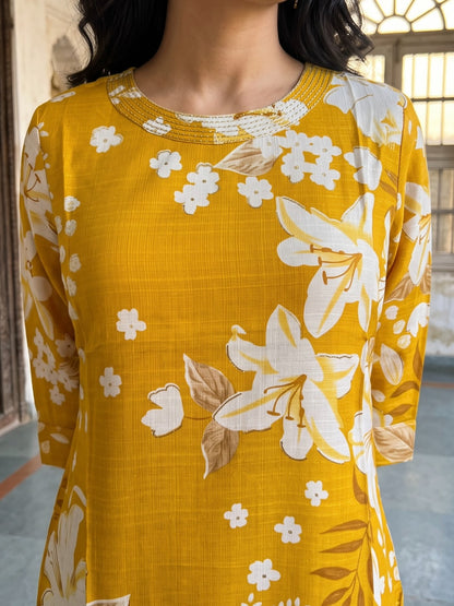 MUSTARD YELLOW KURTA WITH WHITE FLORAL  AND GOLD FOIL PRINT
