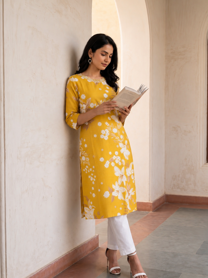 MUSTARD YELLOW KURTA WITH WHITE FLORAL  AND GOLD FOIL PRINT