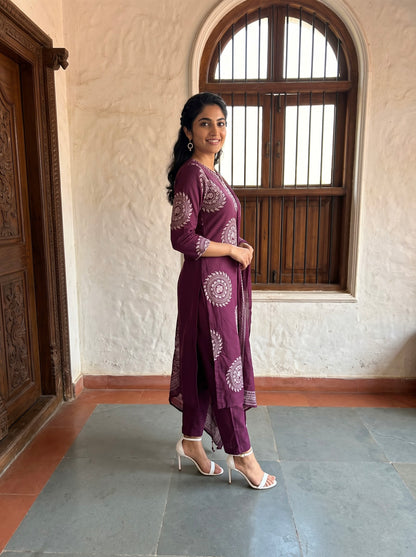 Elegant Burgundy Printed Kurta Set with Dupatta