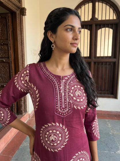 Elegant Burgundy Printed Kurta Set with Dupatta