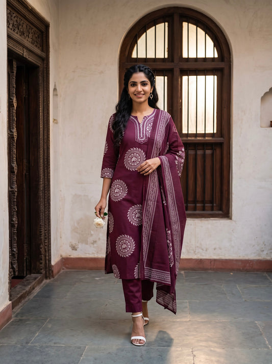 Elegant Burgundy Printed Kurta Set with Dupatta