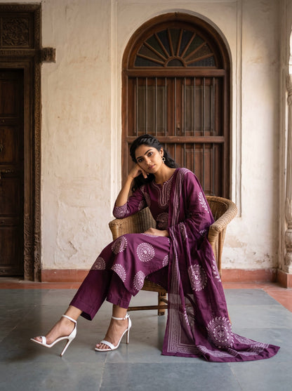 Elegant Burgundy Printed Kurta Set with Dupatta