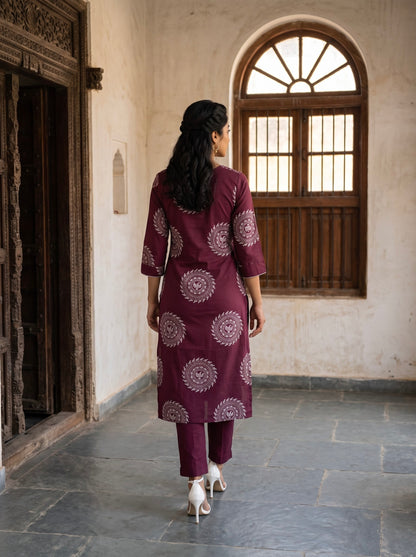 Elegant Burgundy Printed Kurta Set with Dupatta