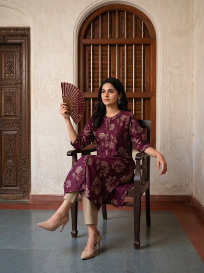 Royal Plum Floral Printed Kurta with Beige Pants