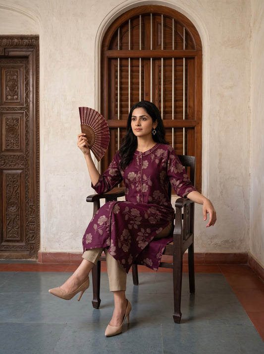 Royal Plum Floral Printed Kurta with Beige Pants