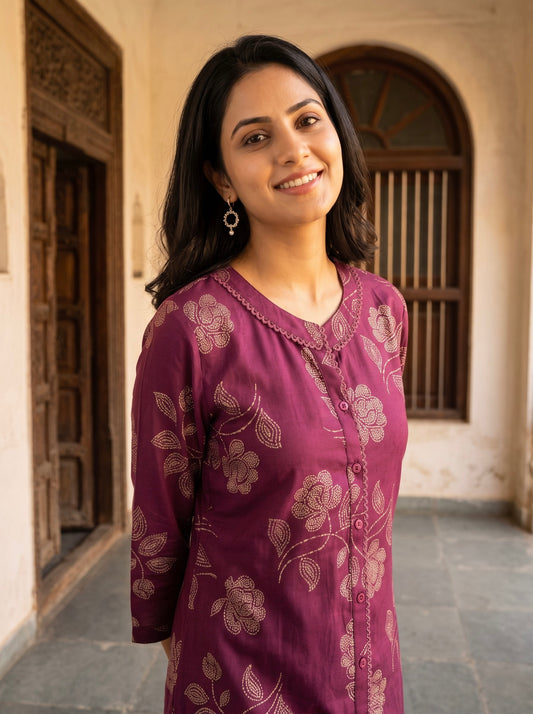 Royal Plum Floral Printed Kurta with Beige Pants