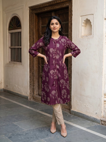 Royal Plum Floral Printed Kurta with Beige Pants
