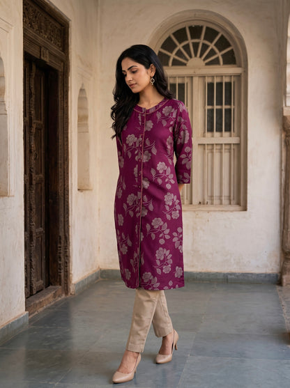 Royal Plum Floral Printed Kurta with Beige Pants