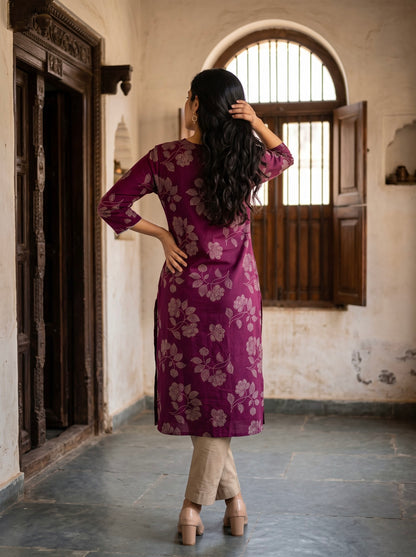 Royal Plum Floral Printed Kurta with Beige Pants