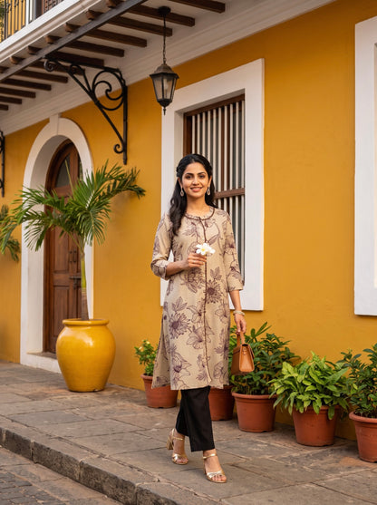 Beige Bloom Printed Kurta with Black Pants