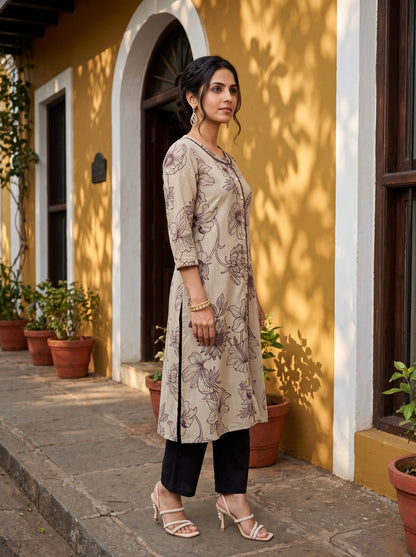 Beige Bloom Printed Kurta with Black Pants