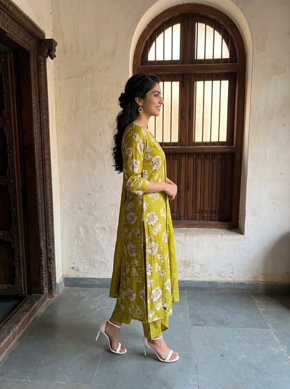 Lemon Green Floral Printed Kurta Set with Dupatta