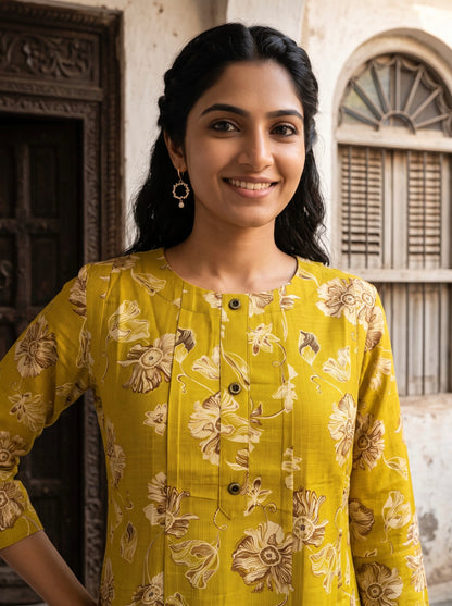 Lemon Green Floral Printed Kurta Set with Dupatta