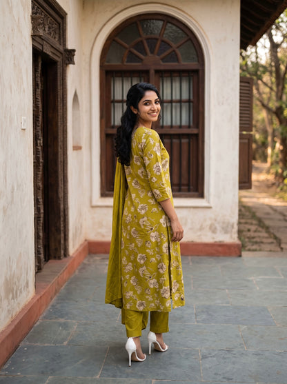 Lemon Green Floral Printed Kurta Set with Dupatta