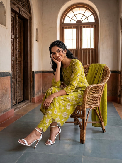 Lemon Green Floral Printed Kurta Set with Dupatta