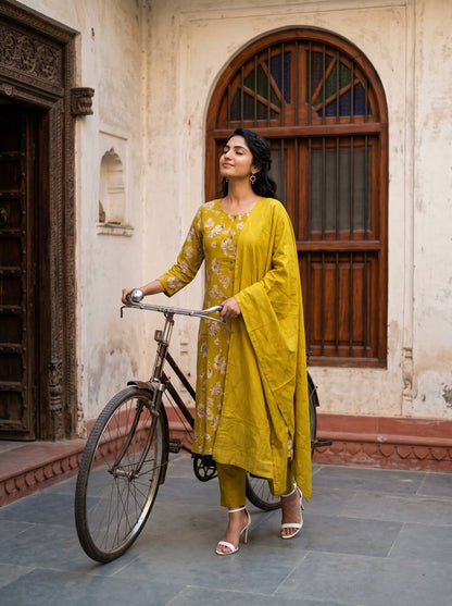 Lemon Green Floral Printed Kurta Set with Dupatta