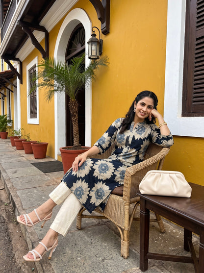 Navy Blue Floral Printed Straight Kurta