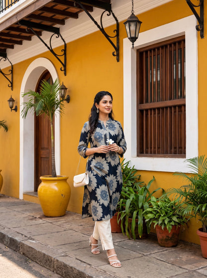 Navy Blue Floral Printed Straight Kurta