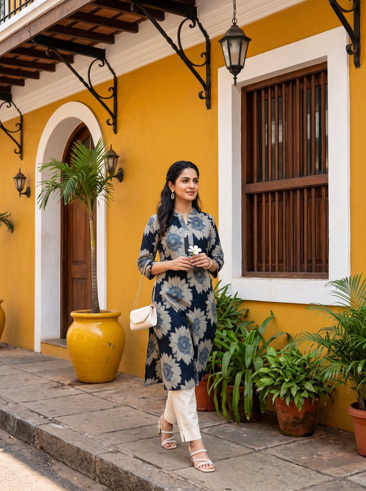 Navy Blue Floral Printed Straight Kurta
