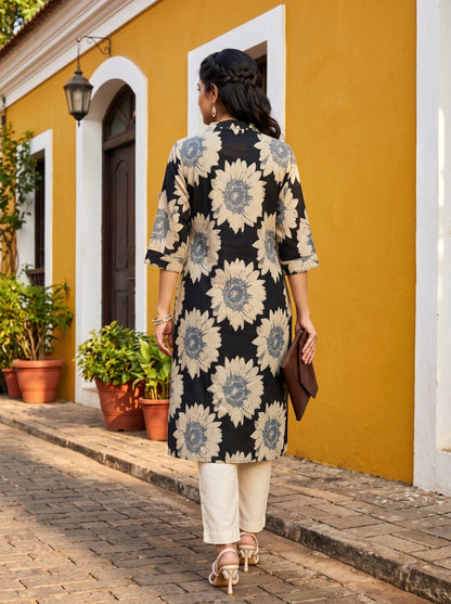 Navy Blue Floral Printed Straight Kurta