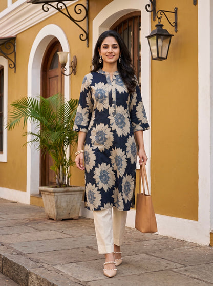Navy Blue Floral Printed Straight Kurta