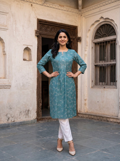 Elegant Teal Floral Printed Flared Kurta