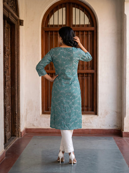 Elegant Teal Floral Printed Flared Kurta