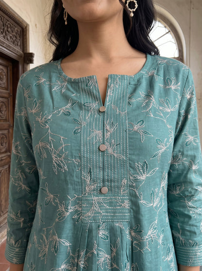 Elegant Teal Floral Printed Flared Kurta