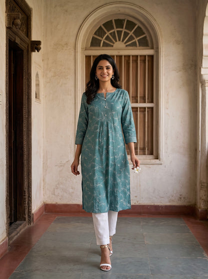 Elegant Teal Floral Printed Flared Kurta