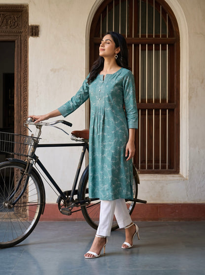 Elegant Teal Floral Printed Flared Kurta