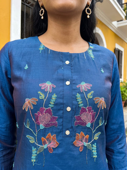 Teal Blue Floral Embroidered Kurta Set with Zari Dupatta