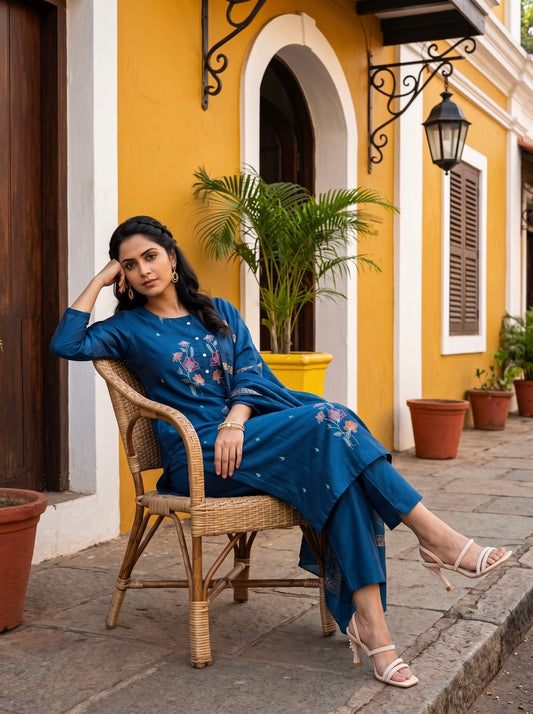 Teal Blue Floral Embroidered Kurta Set with Zari Dupatta