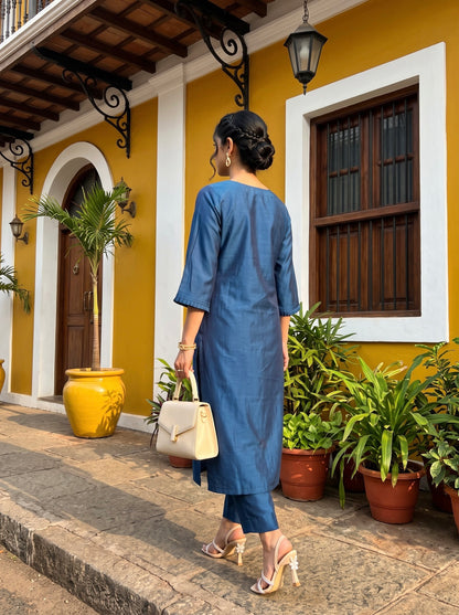 Teal Blue Floral Embroidered Kurta Set with Zari Dupatta