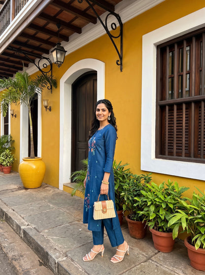 Teal Blue Floral Embroidered Kurta Set with Zari Dupatta