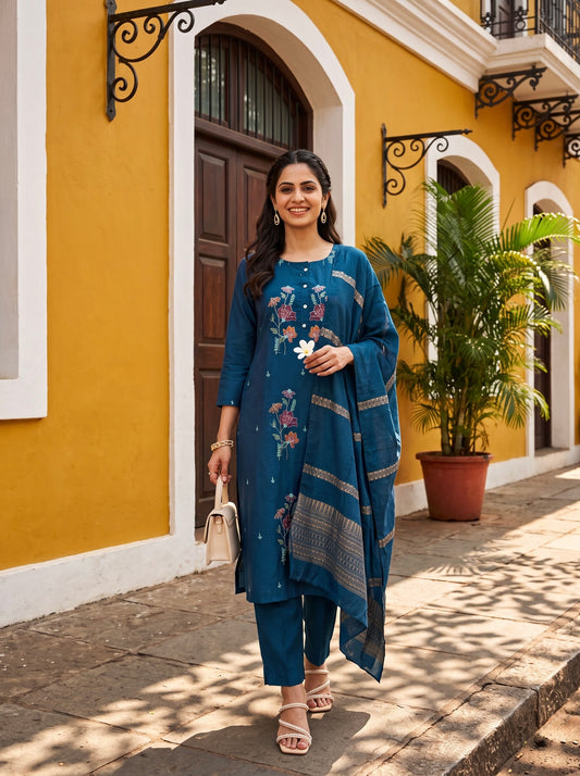 Teal Blue Floral Embroidered Kurta Set with Zari Dupatta
