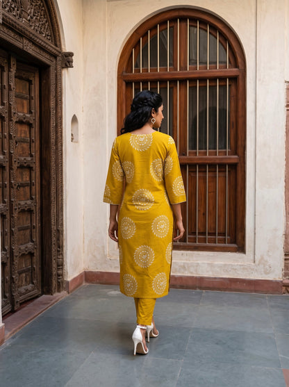 Mustard Gold Block-Print Kurta Set with Dupatta