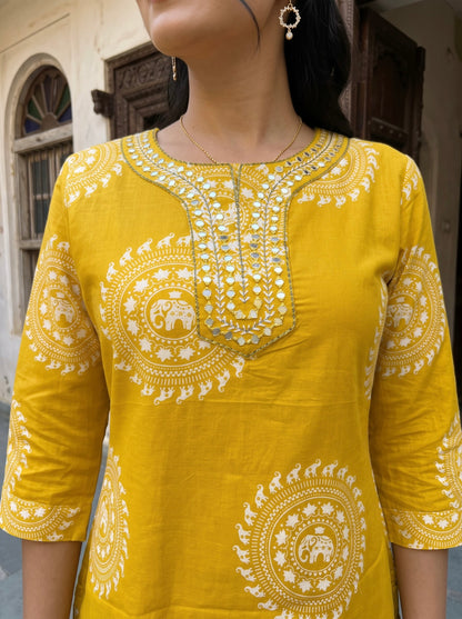 Mustard Gold Block-Print Kurta Set with Dupatta