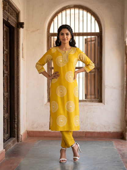 Mustard Gold Block-Print Kurta Set with Dupatta