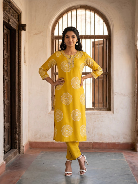Mustard Gold Block-Print Kurta Set with Dupatta