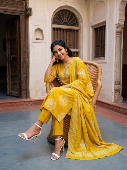 Mustard Gold Block-Print Kurta Set with Dupatta