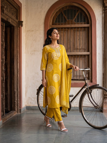 Mustard Gold Block-Print Kurta Set with Dupatta