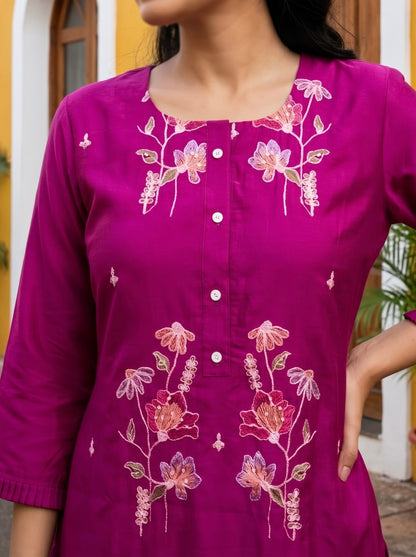 Magenta Floral Printed Kurta Set with Dupatta