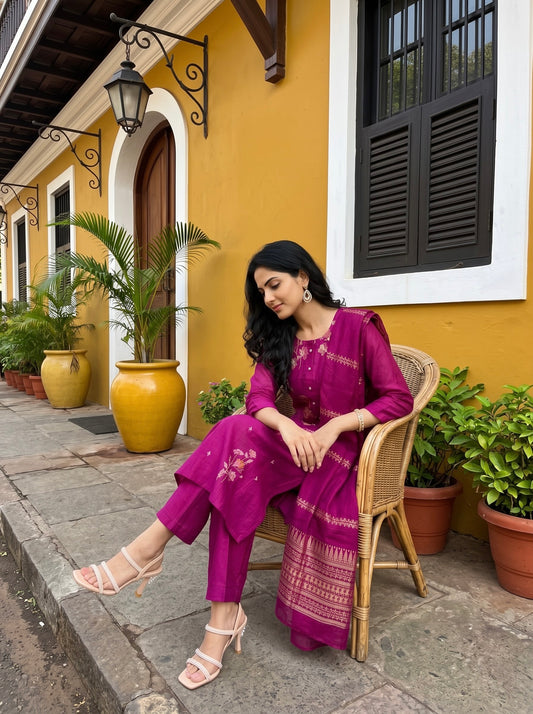 Magenta Floral Printed Kurta Set with Dupatta