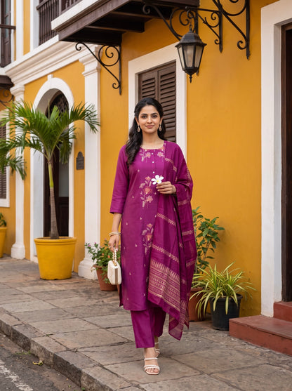 Magenta Floral Printed Kurta Set with Dupatta