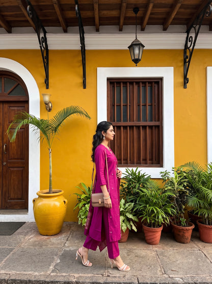Magenta Floral Printed Kurta Set with Dupatta
