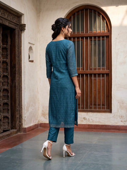 Indigo Floral Printed Straight Kurta Set with Dupatta