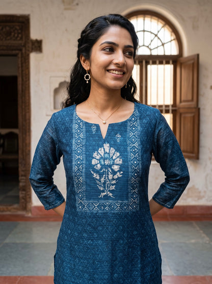 Indigo Floral Printed Straight Kurta Set with Dupatta