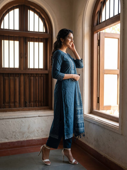 Indigo Floral Printed Straight Kurta Set with Dupatta