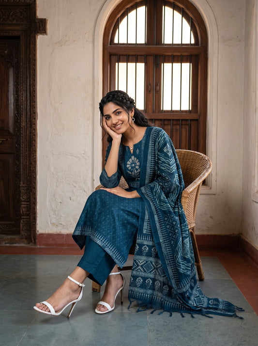 Indigo Floral Printed Straight Kurta Set with Dupatta
